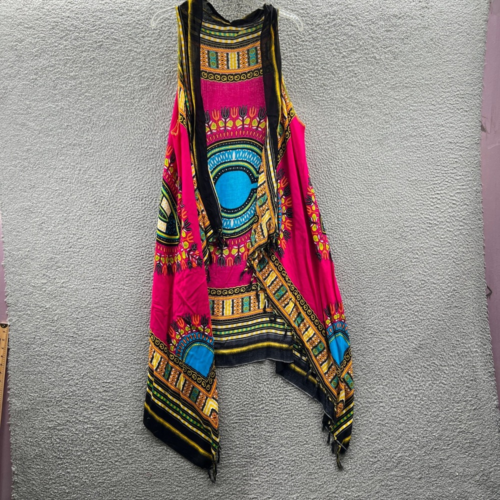 Womens Boho Festival Vest XL Dashiki Print Open Front Sleeveless‎ Tassel Duster